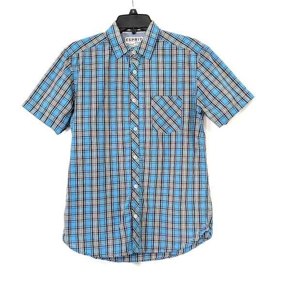 Esprit Regular Fit Blue Plaid Button Down Short Sleeve Shirt - Size Small Mens - Picture 1 of 6